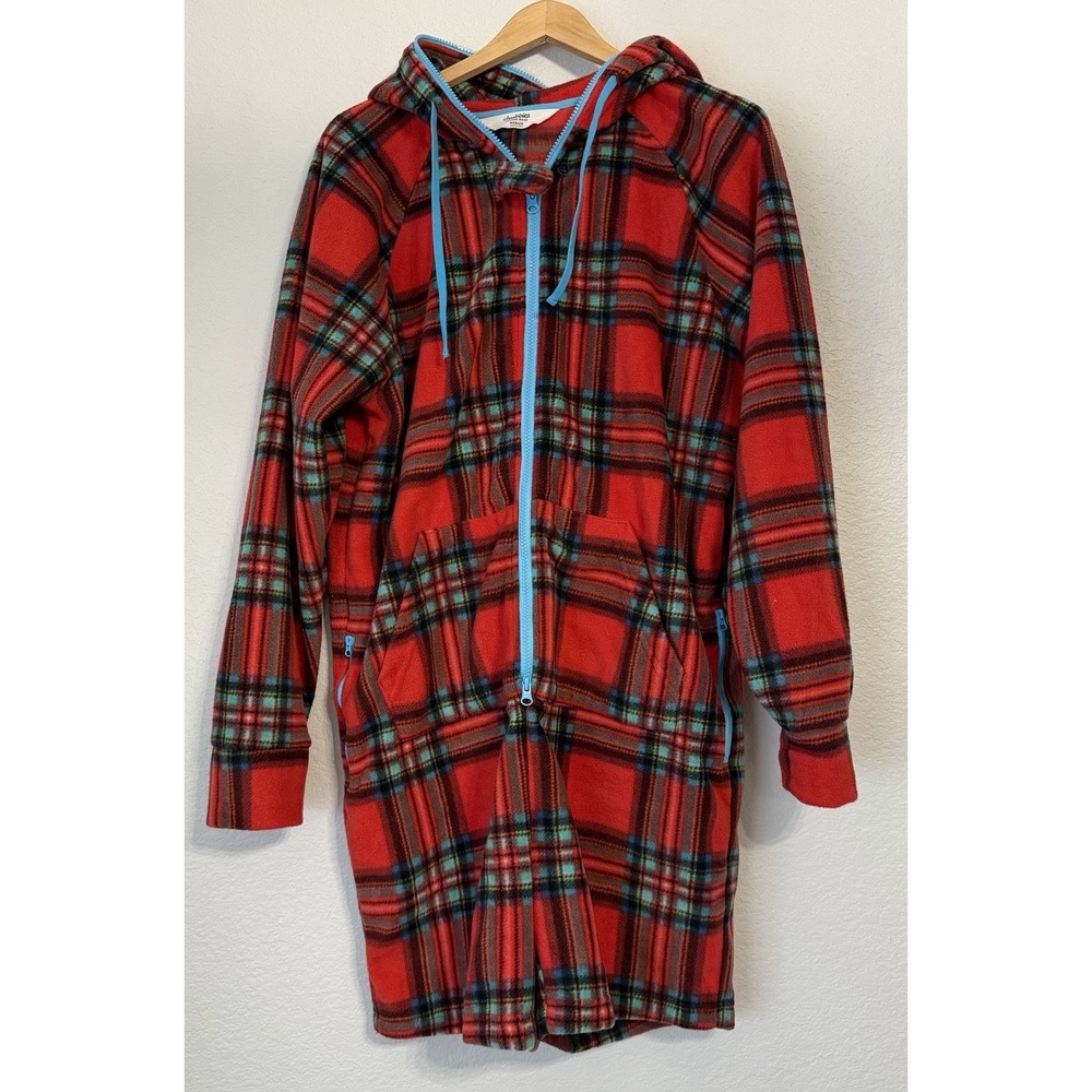 Chubbies Lounge Wear Fleece Hooded One Piece Romper Plaid Red Blue Zip Medium